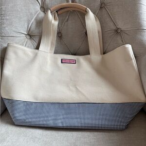 Vineyard Vines Martha's Vineyard Deep Bay Gingham Canvas Tote w Leather- XL